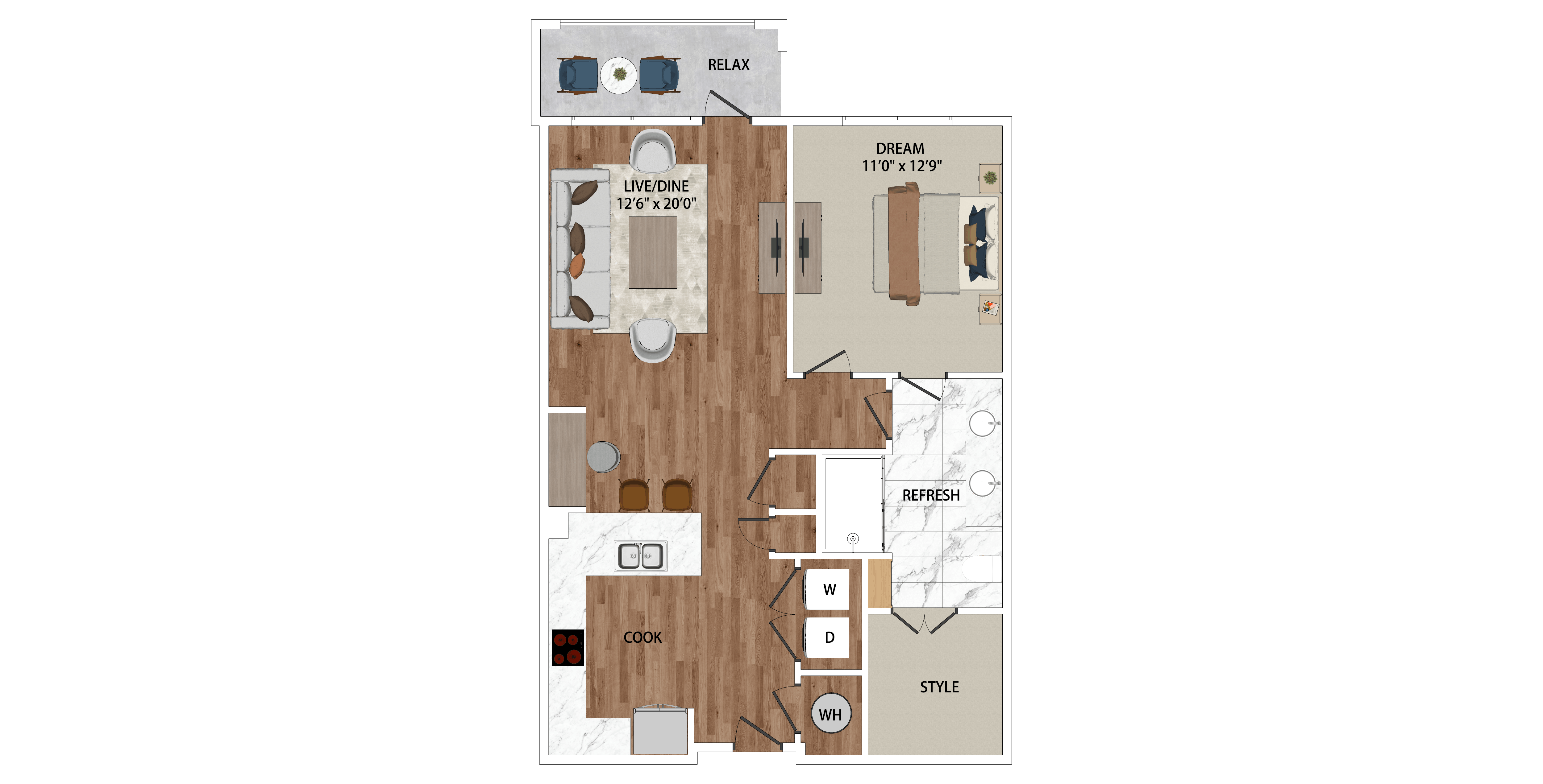 Floor plan for 1 bed, 1 bath, 847 sqft